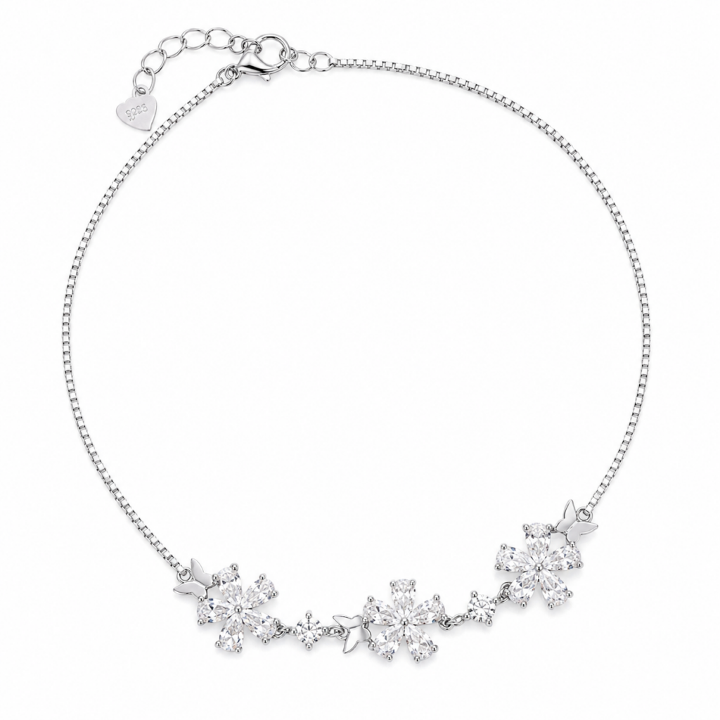 Tri Flower-butterfly Anklet White Rhodium