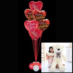6 Valentines Foil Heart Balloons and Ex Large Teddy